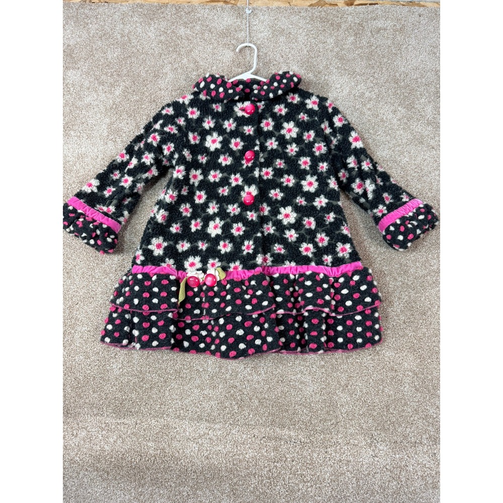 Corky & Company Girls Black Jacket Pink‎ Floral Polka Dot Ruffle Fleece Coat 6X